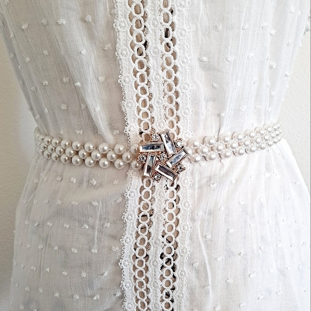 Pearl Beaded Stretch Waist Belt Rhinestone Chunky Buckle Bridal Wedding Sash